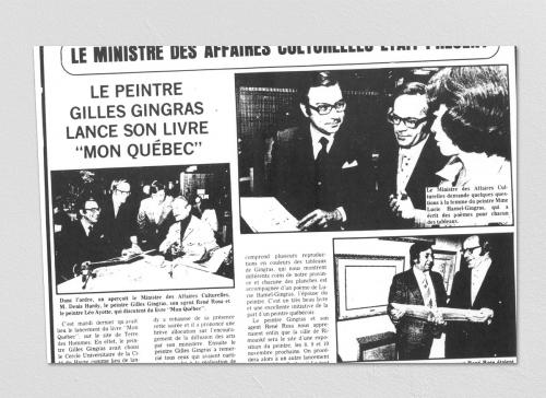 Article de journal traitant du lancement du volume Mon Québec, Gilles Gingras